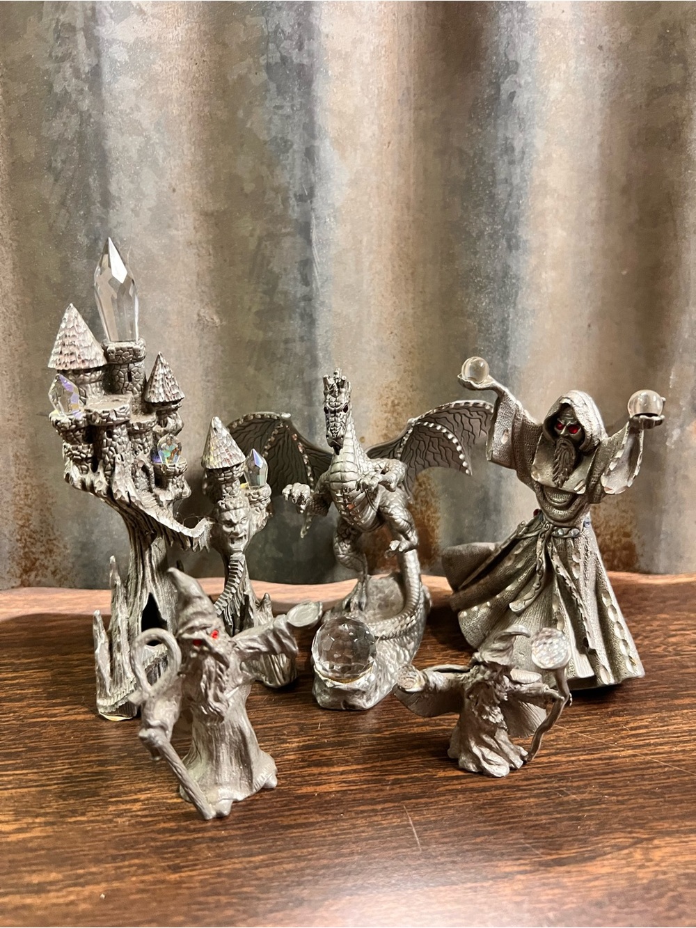 Vintage 1990 Masterworks Fine Pewter Fantasy Figurine Lot - Wizard, Dragon & Cas